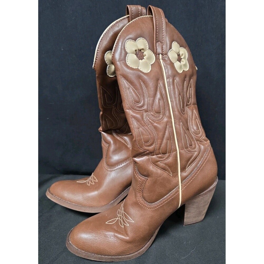Candies Bannera Brown Cowboy Western Boots Beige Flower Size 8.5